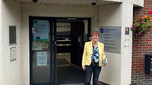 Councillor at Library entrance